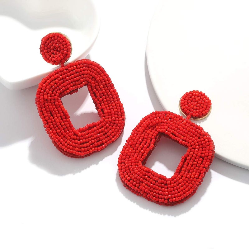 Boderier Beaded Drop Earrings Bohemian Beaded Square Dangle Statement Earrings (Red) - Image 3